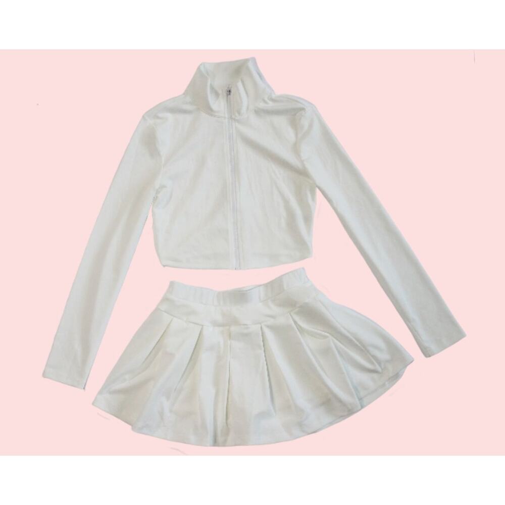New Size Small White Tennis Core 2 Pcs Set Zip Cropped Jacket Pleated Mini Skirt